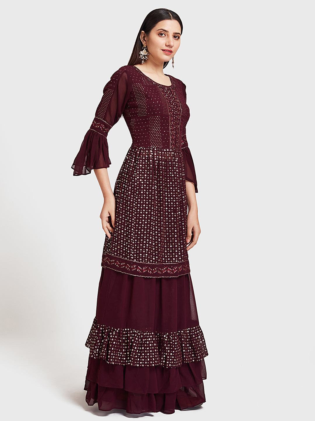 Neerus Maroon georgette co-ord suit skirt set - front view