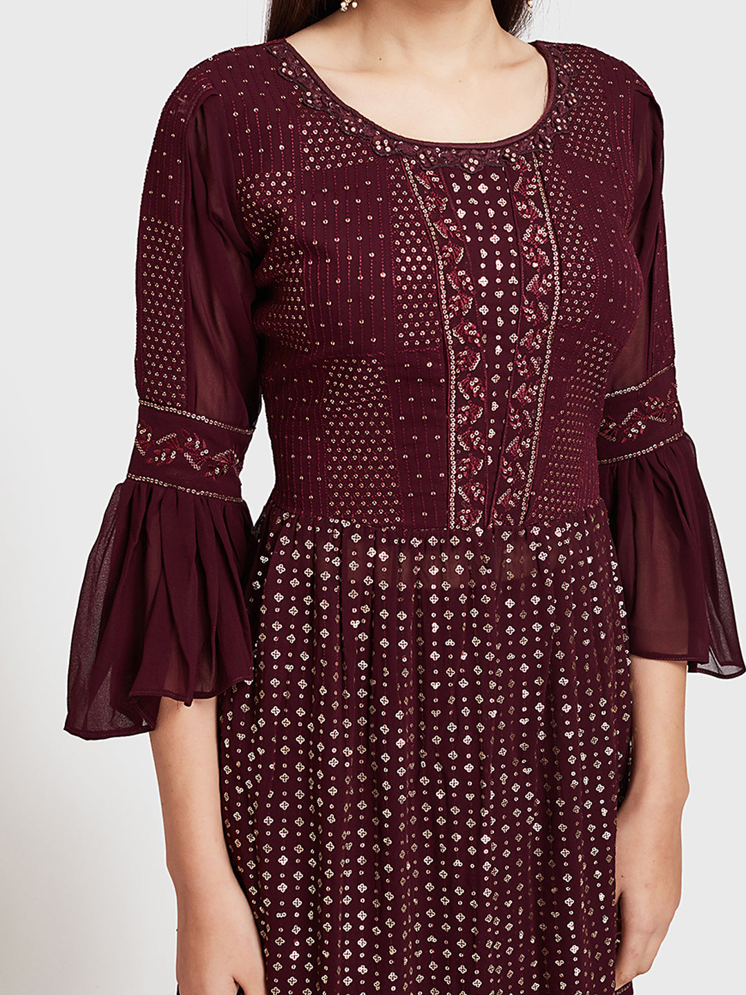 Neerus Maroon georgette co-ord suit skirt set - back view