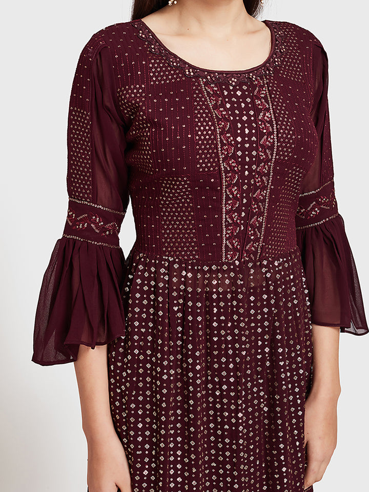 Neerus Maroon georgette co-ord suit skirt set - back view