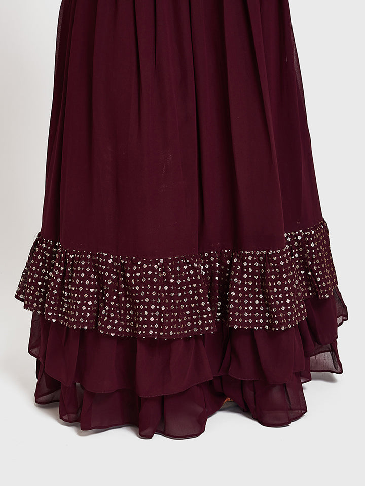 Neerus Maroon georgette co-ord suit skirt set - side view