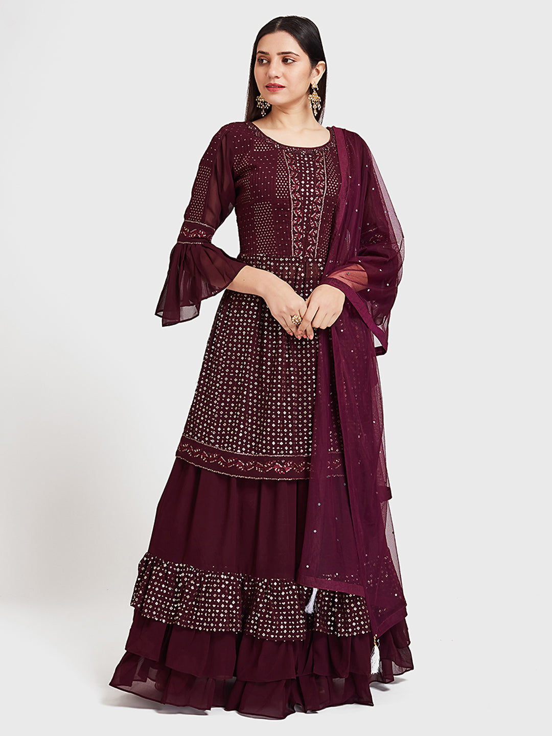 Neerus Maroon georgette co-ord suit skirt set - detail view 1