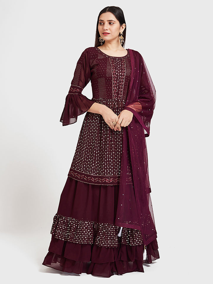 Neerus Maroon georgette co-ord suit skirt set - detail view 1