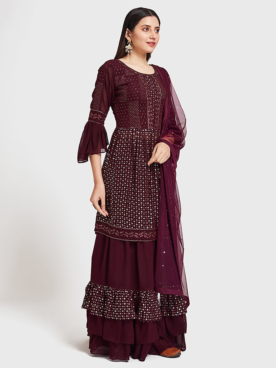Neerus Maroon georgette co-ord suit skirt set - detail view 2