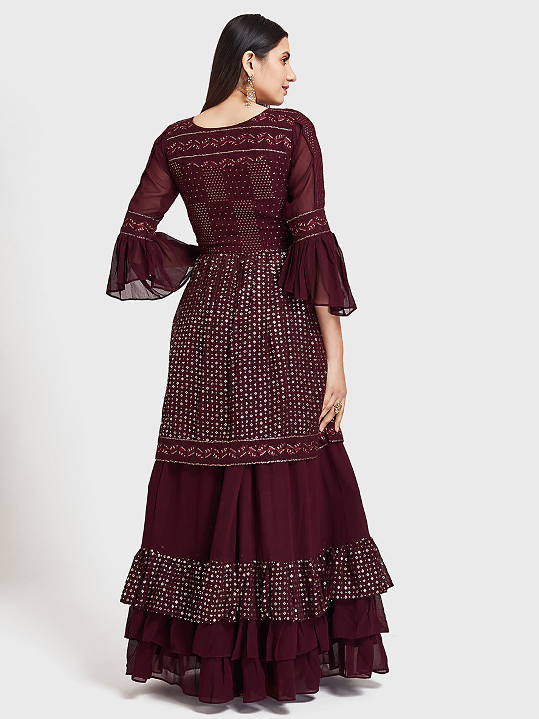 Neerus Maroon georgette co-ord suit skirt set - detail view 3