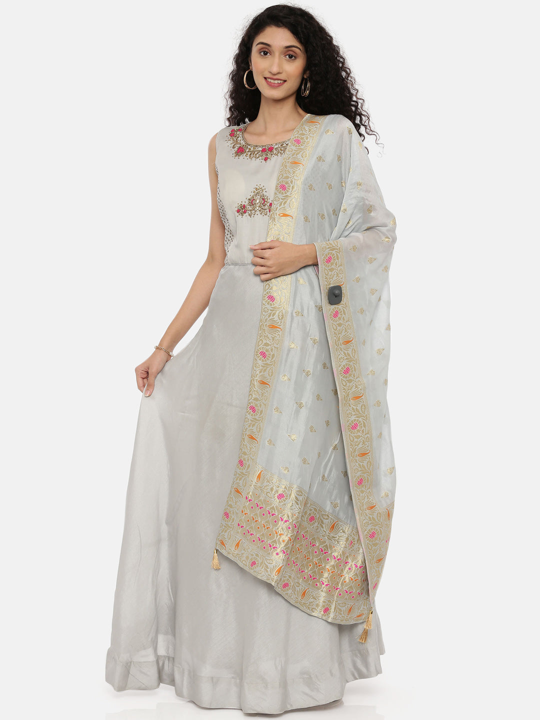 Neeru'S Gray Color, Silk Fabric Sleeveless Suit-Anarkali