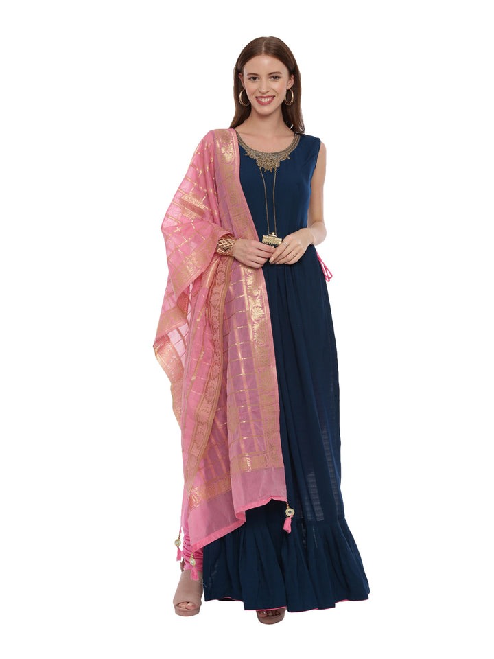 Neerus Blue silk straight gown suit pant - front view