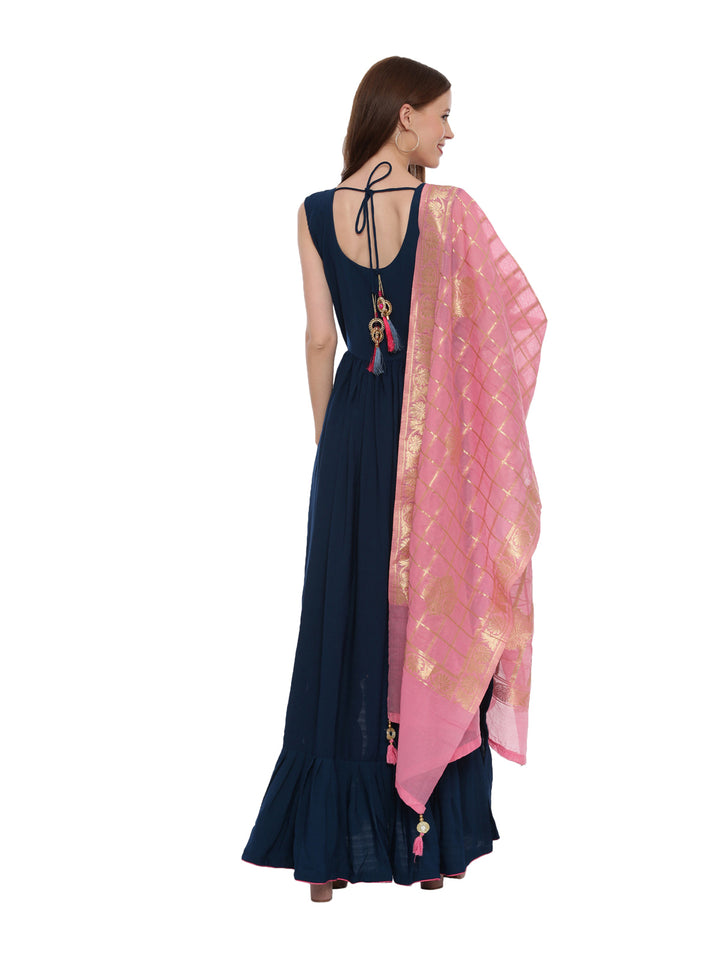 Neerus Blue silk straight gown suit pant - detail view 1
