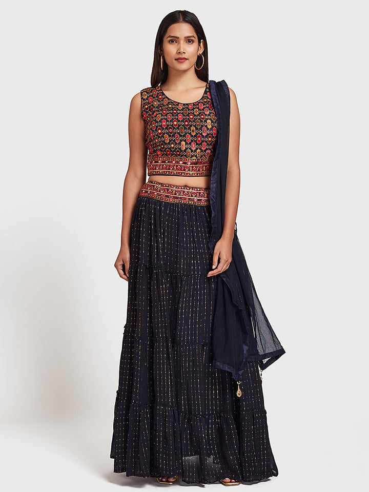 Neerus Blue Georgette Embroidered Lehenga Set - detail view 3