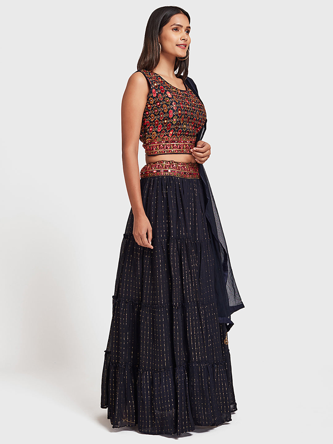 Neerus Blue Georgette Embroidered Lehenga Set - front view