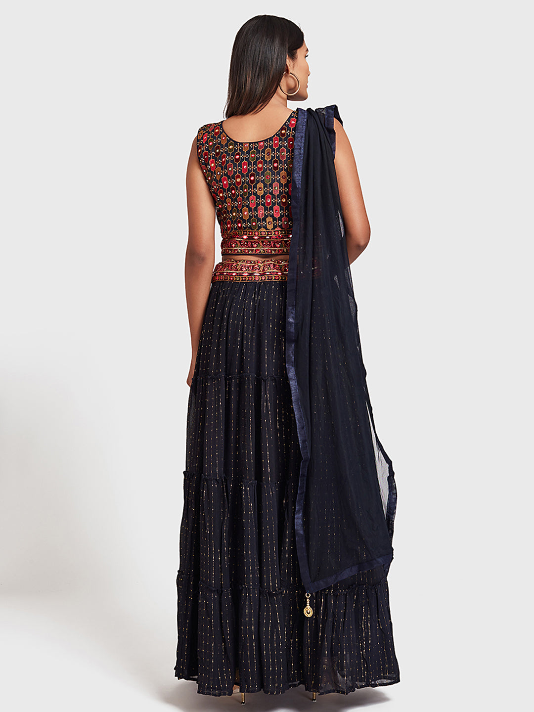 Neerus Blue Georgette Embroidered Lehenga Set - back view