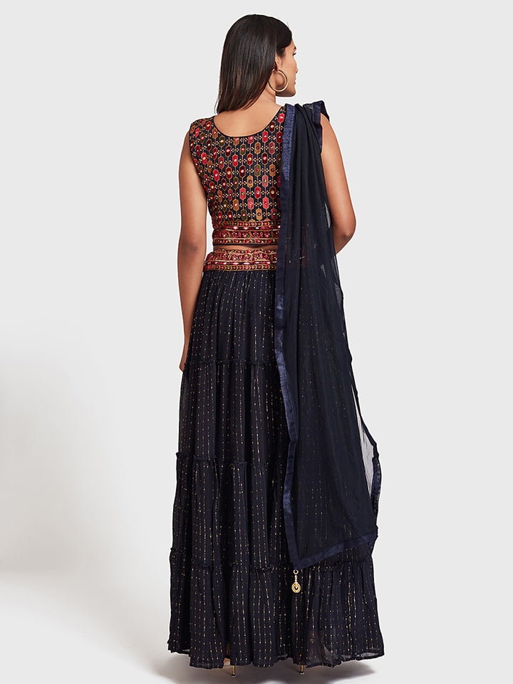 Neerus Blue Georgette Embroidered Lehenga Set - back view