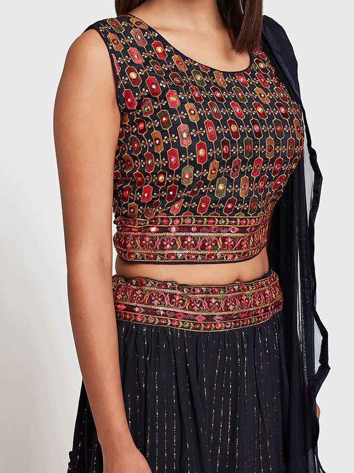 Neerus Blue Georgette Embroidered Lehenga Set - side view