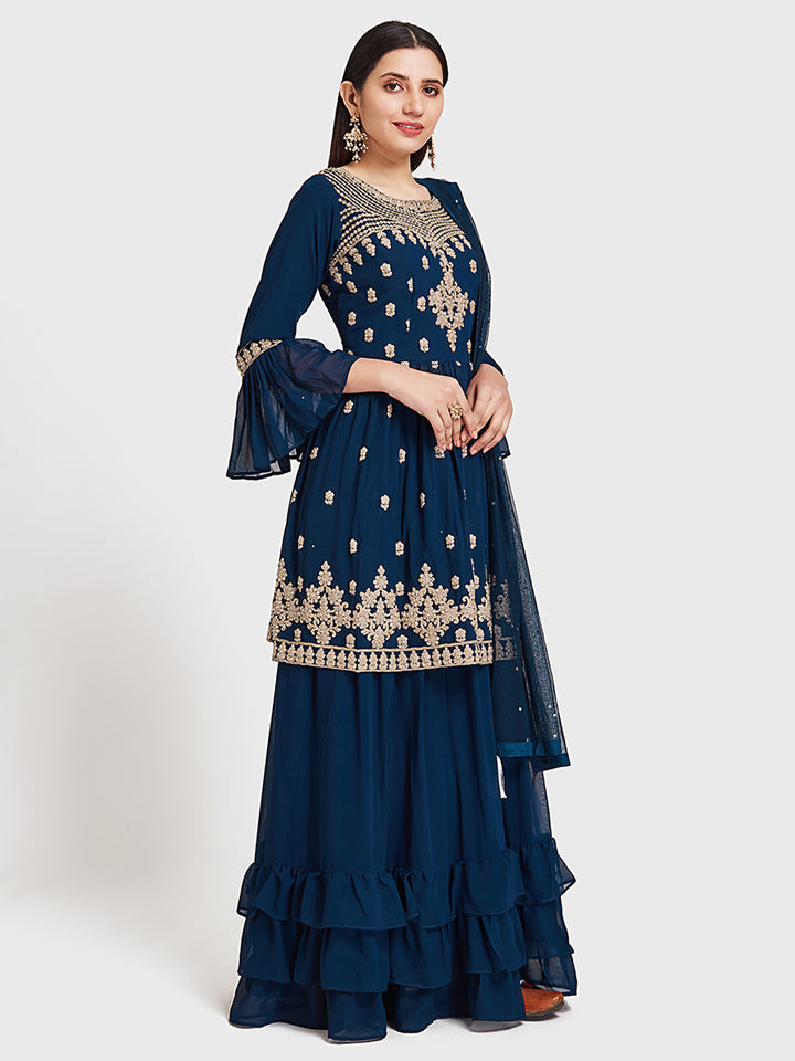 Neerus Blue Georgette Printed Anarkali Suit Set - front view