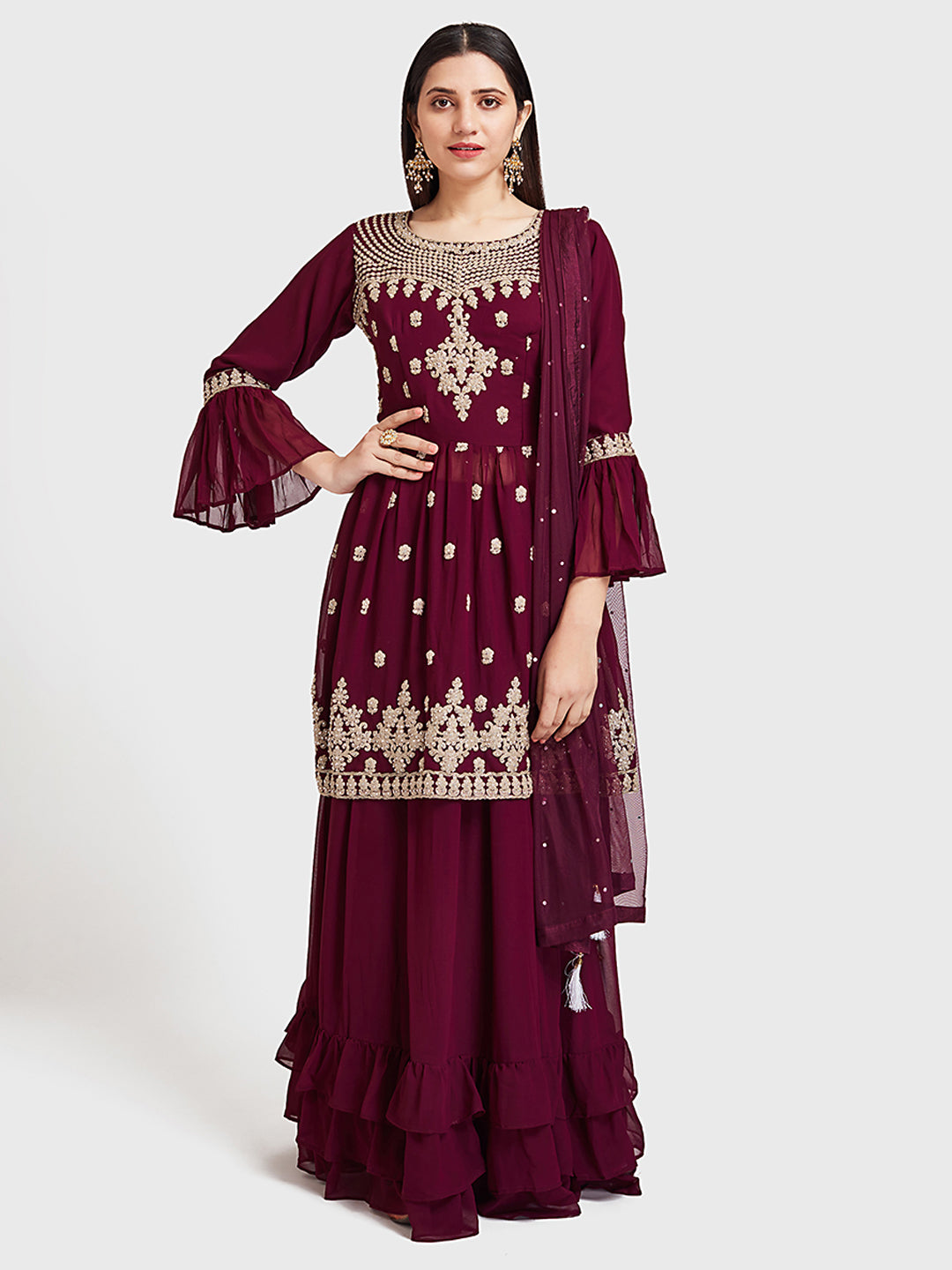 Neeru's Wine Color Georgette Fabric Suit-Short Anarkali
