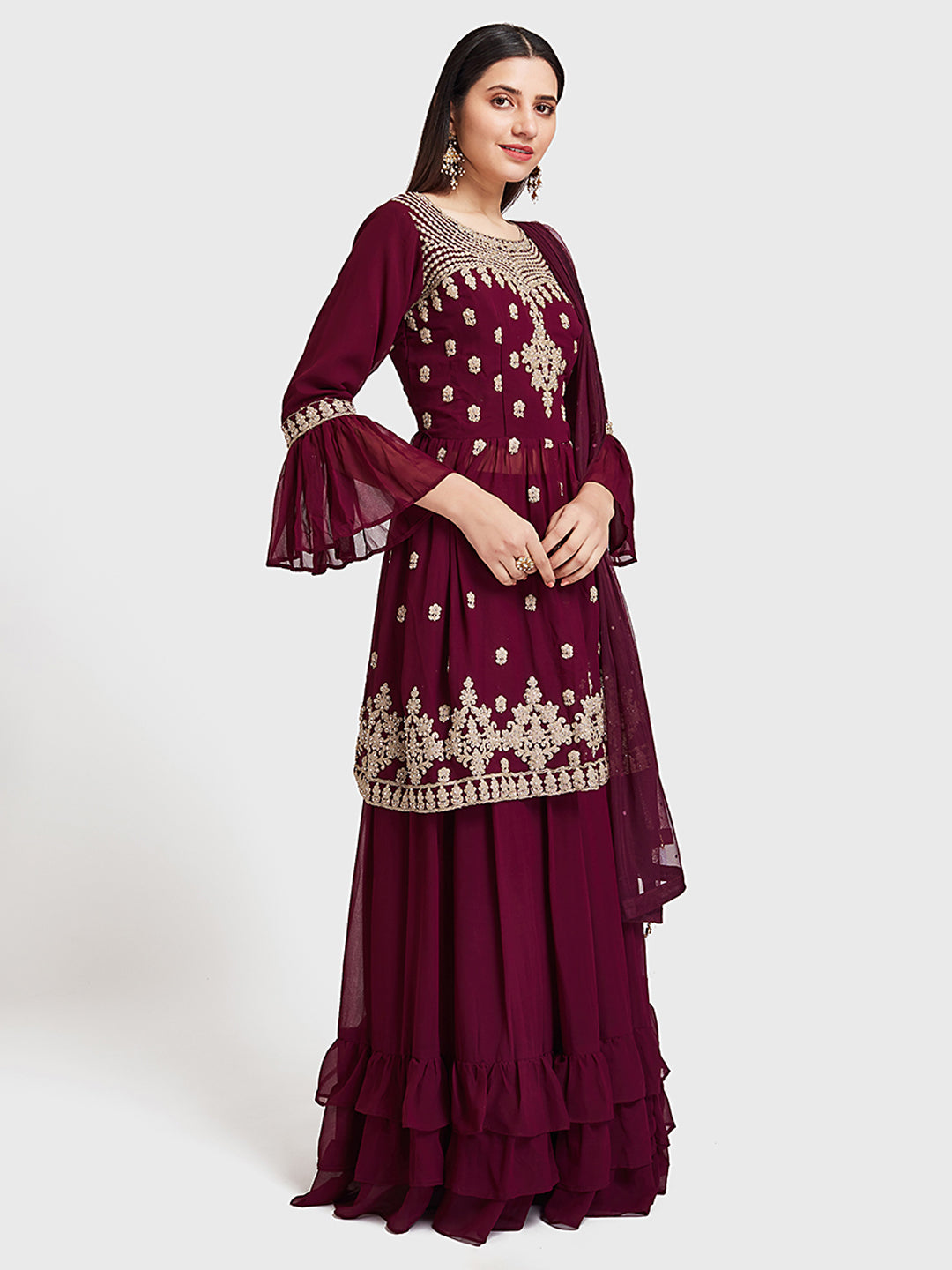 Neerus Maroon Georgette Anarkali Suit Set - front view