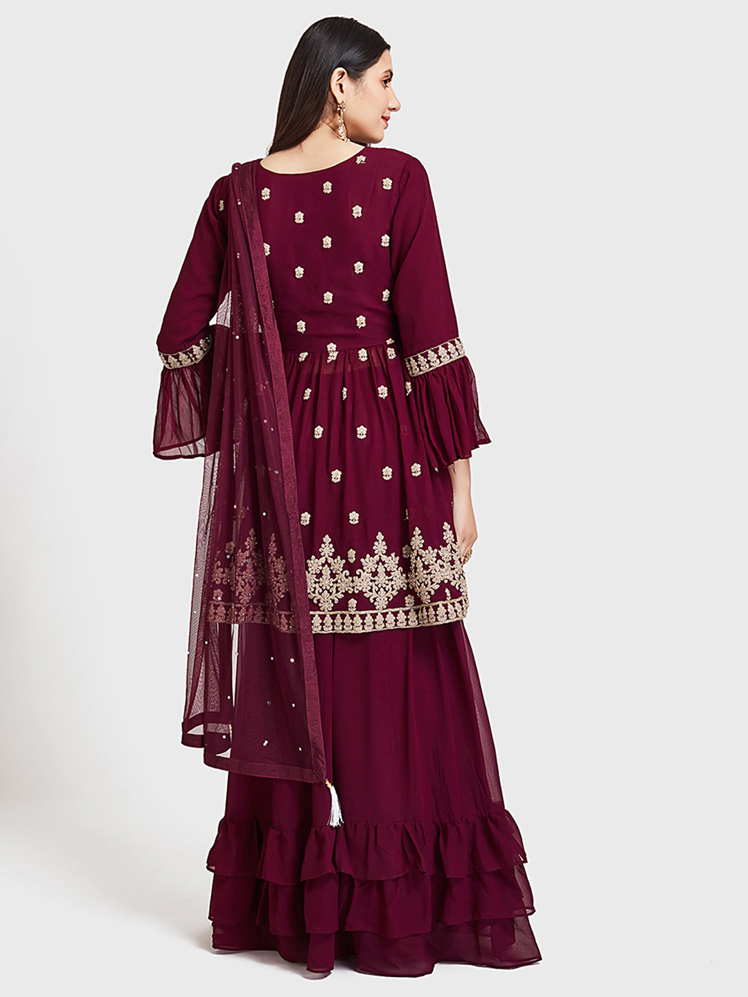 Neerus Maroon Georgette Anarkali Suit Set - back view