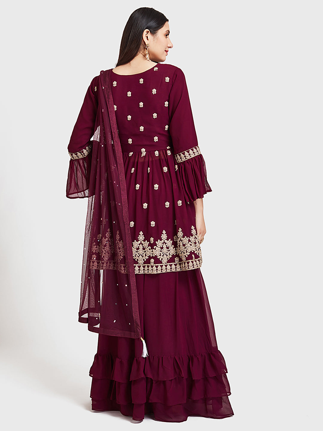 Neeru's Wine Color Georgette Fabric Suit-Short Anarkali