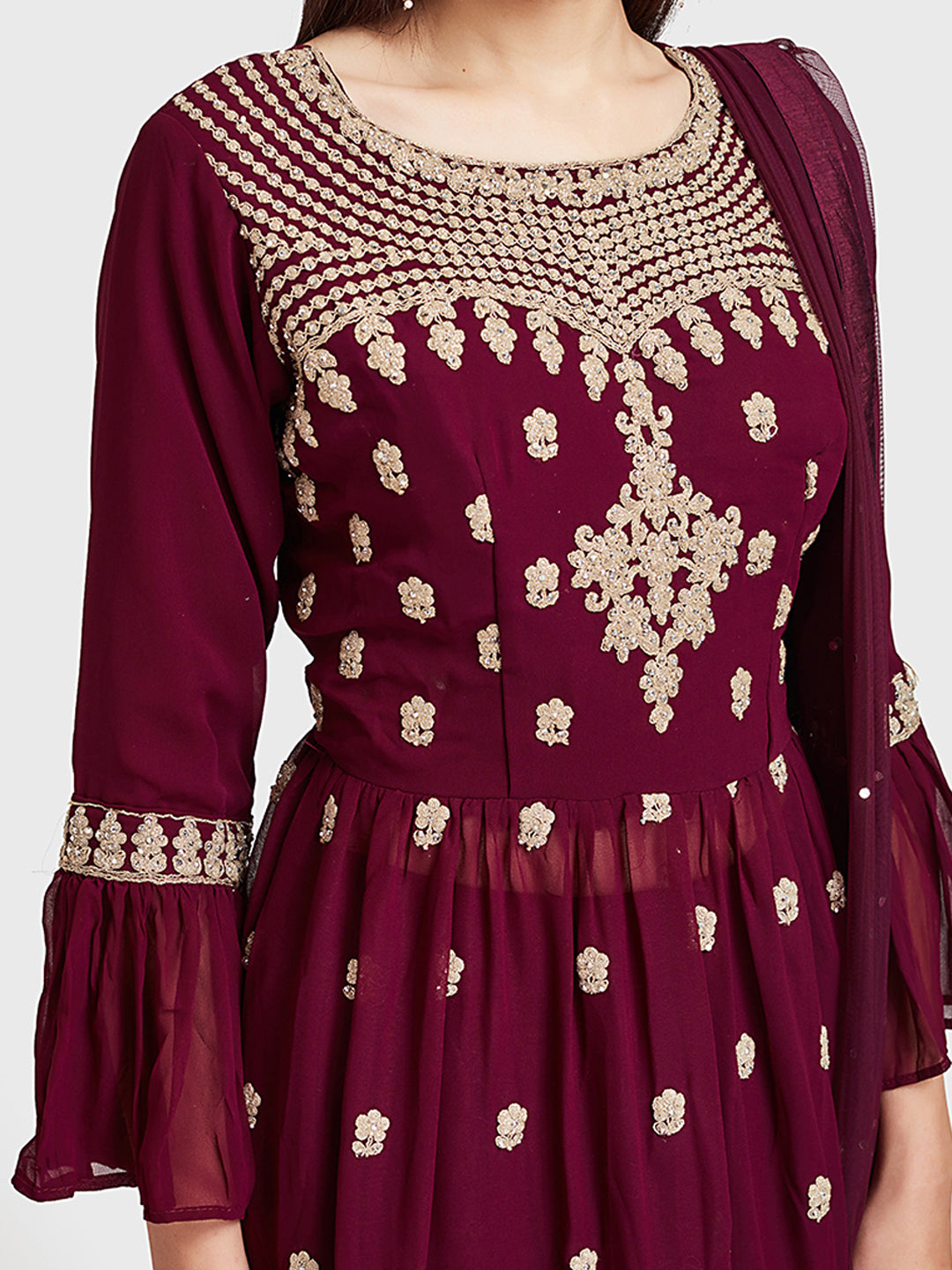 Neerus Maroon Georgette Anarkali Suit Set - side view