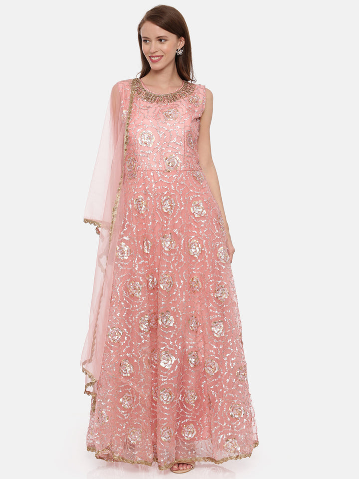 Neerus Orange embellished anarkali kurta set - front view