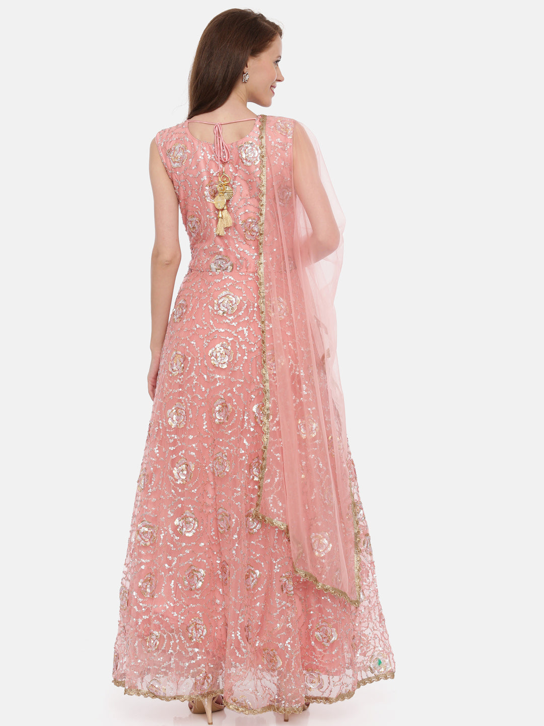 Neerus Orange embellished anarkali kurta set - side view