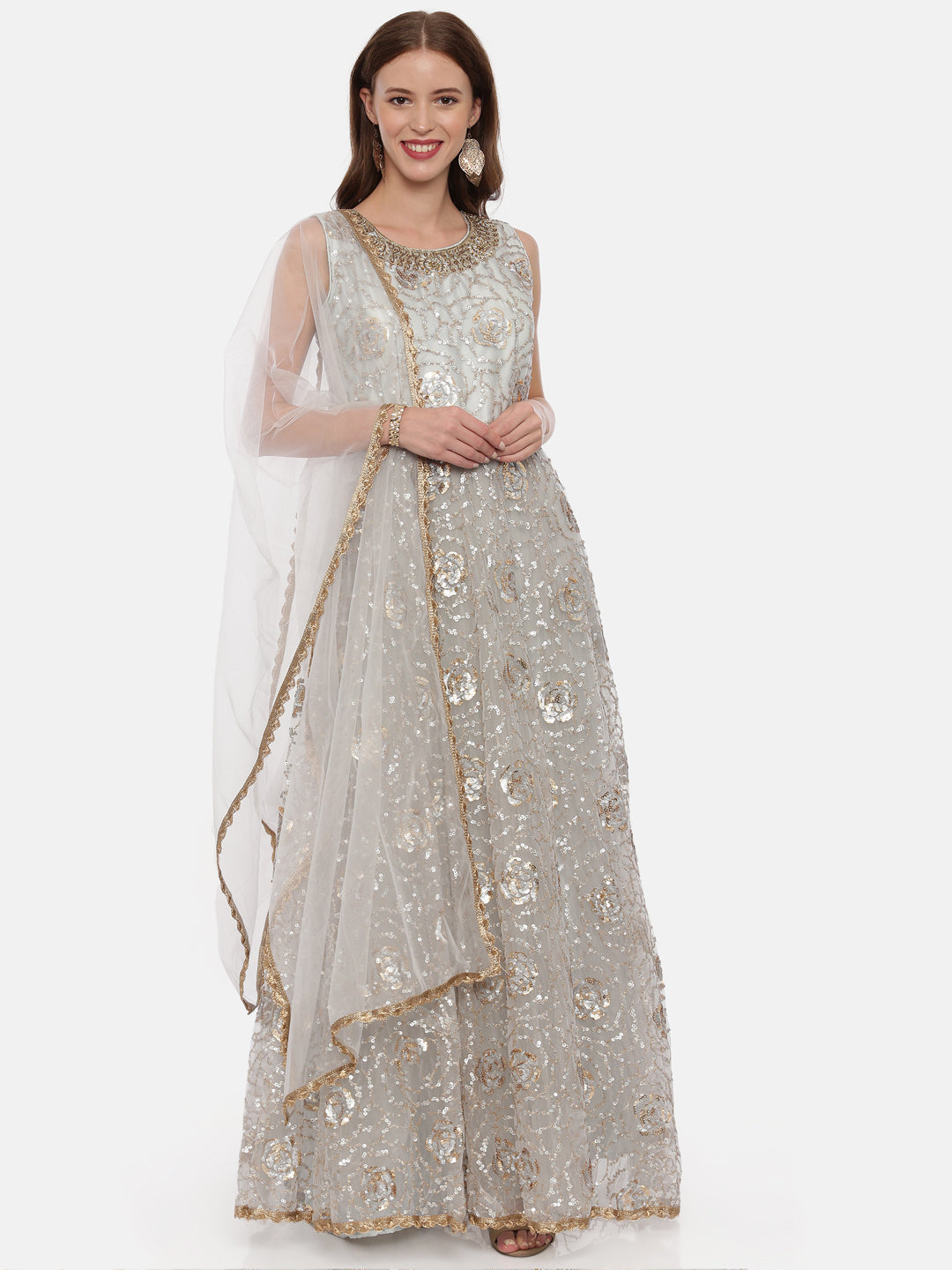 Neerus Grey embellished Anarkali kurta set with pant and dupatta - front view