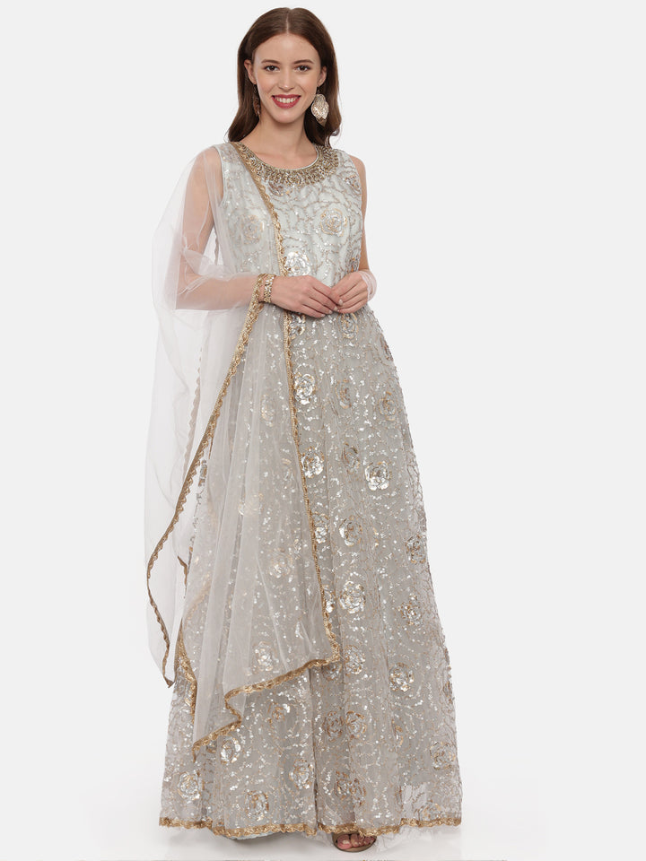 Neerus Grey embellished Anarkali kurta set with pant and dupatta - front view