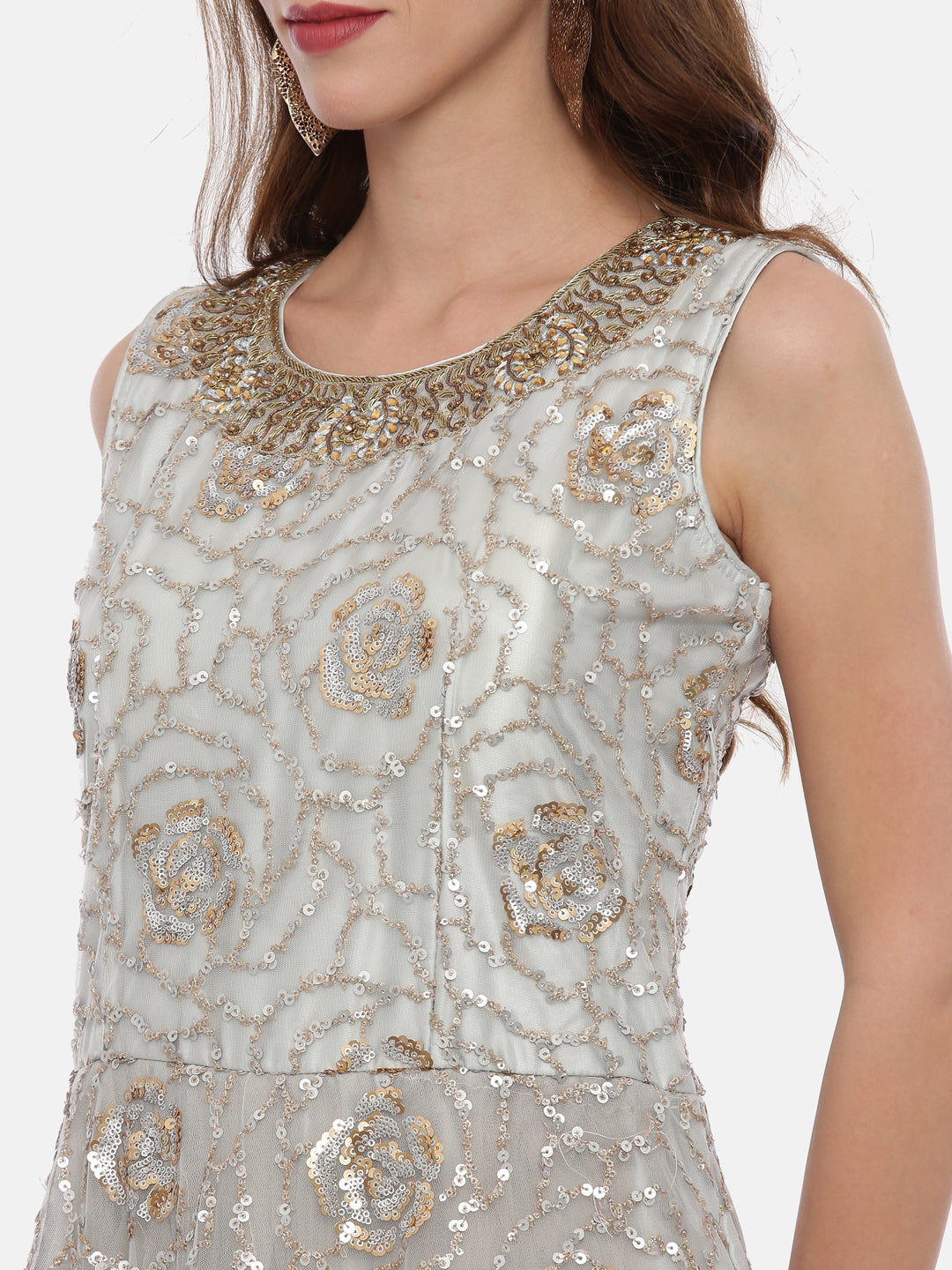 Neerus Grey embellished Anarkali kurta set with pant and dupatta - back view