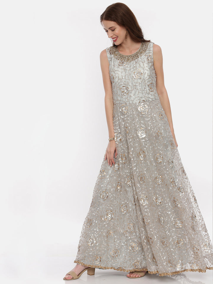 Neerus Grey embellished Anarkali kurta set with pant and dupatta - detail view 2