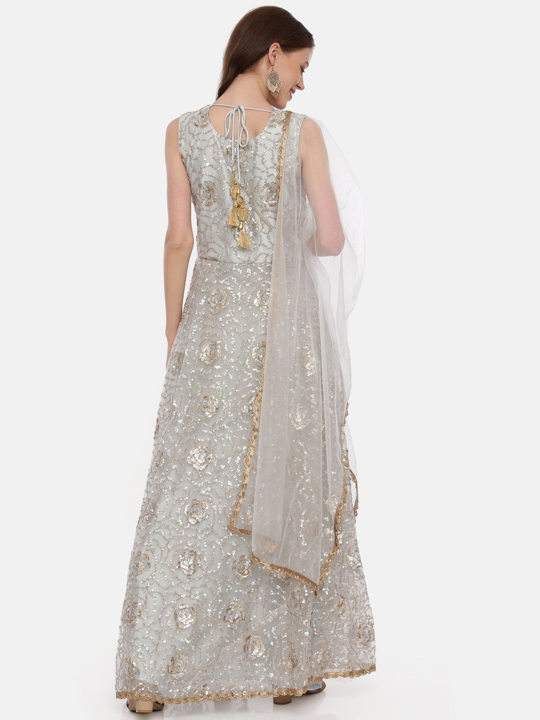 Neerus Grey embellished Anarkali kurta set with pant and dupatta - side view