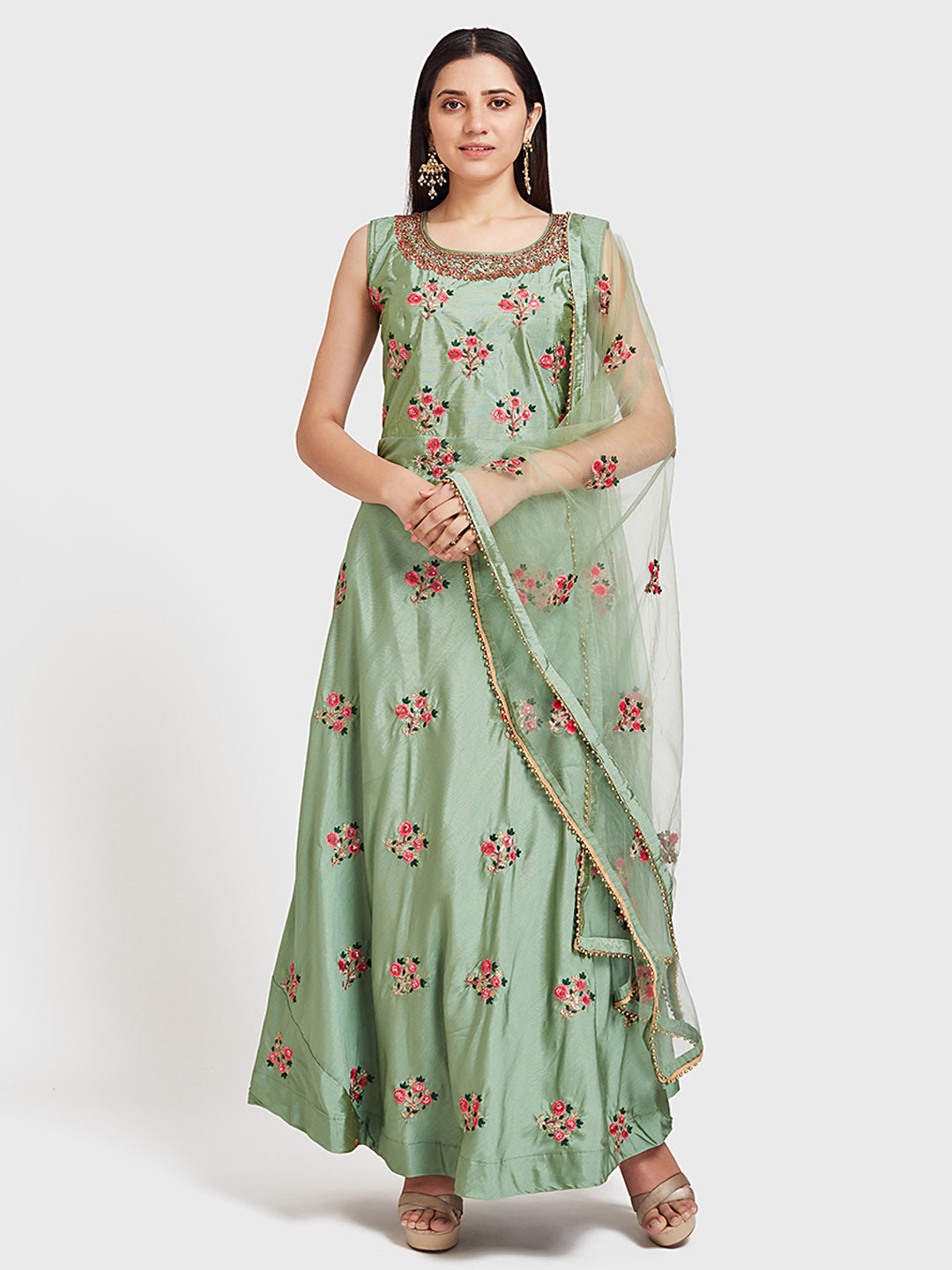 Neeru's Green Embellished Anarkali Kurta With Dupatta