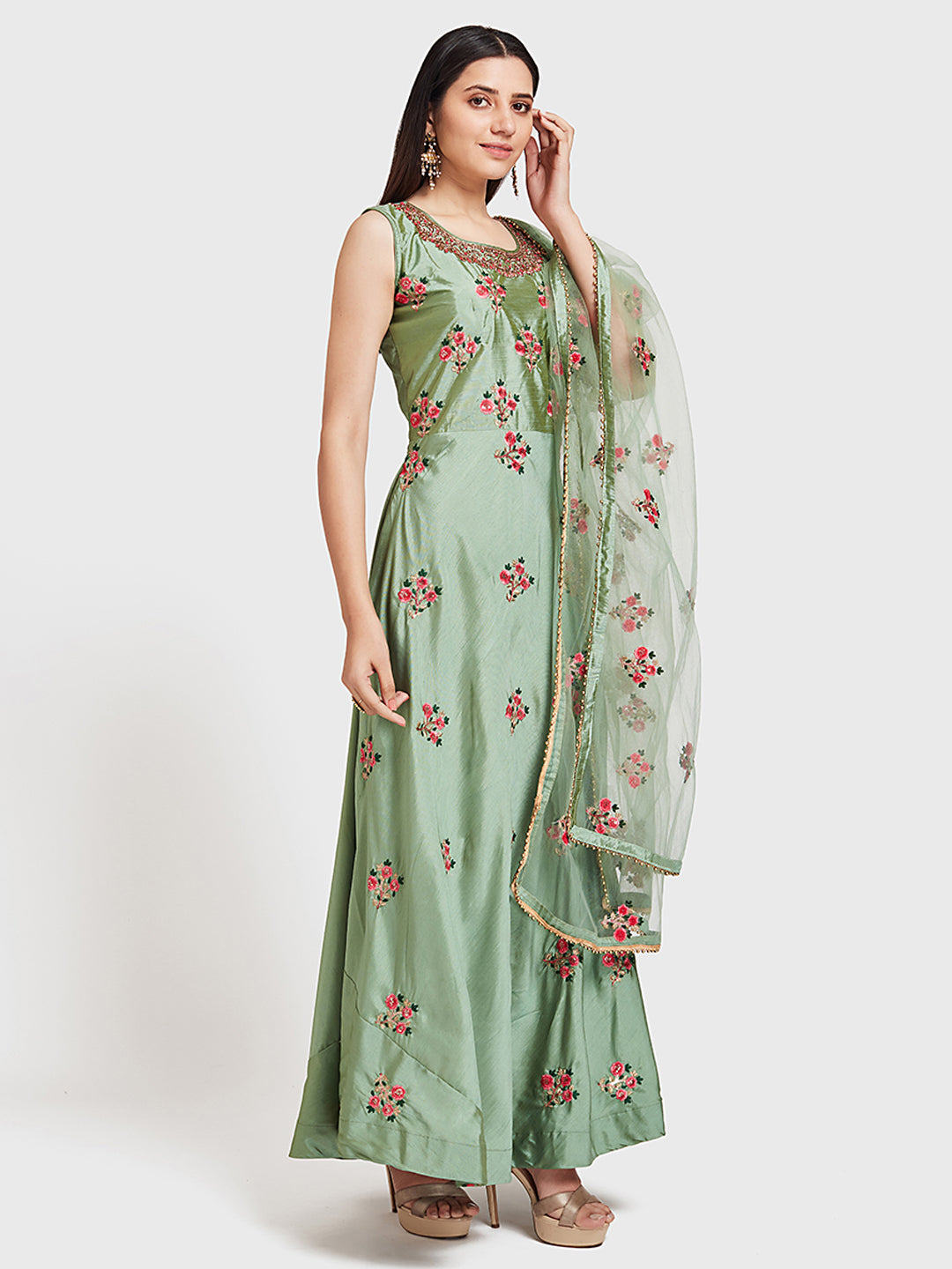 Neerus Green embellished anarkali kurta set - front view