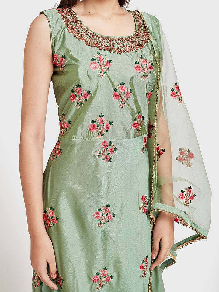 Neerus Green embellished anarkali kurta set - back view