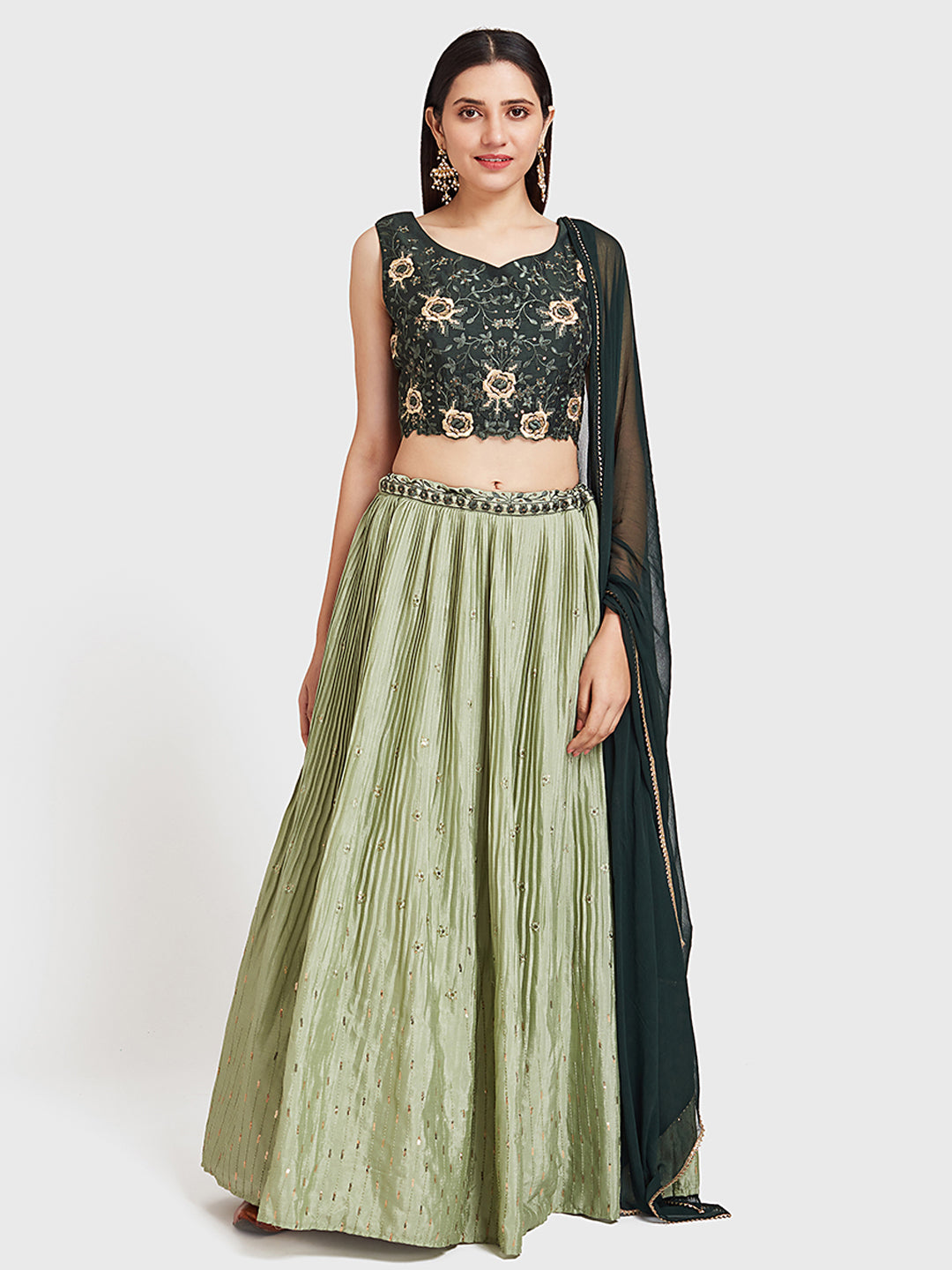 Neerus Green silk embroidered lehenga set - front view
