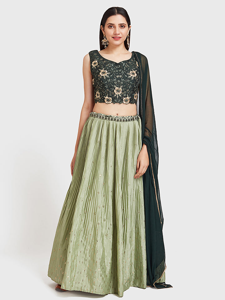 Neerus Green silk embroidered lehenga set - front view