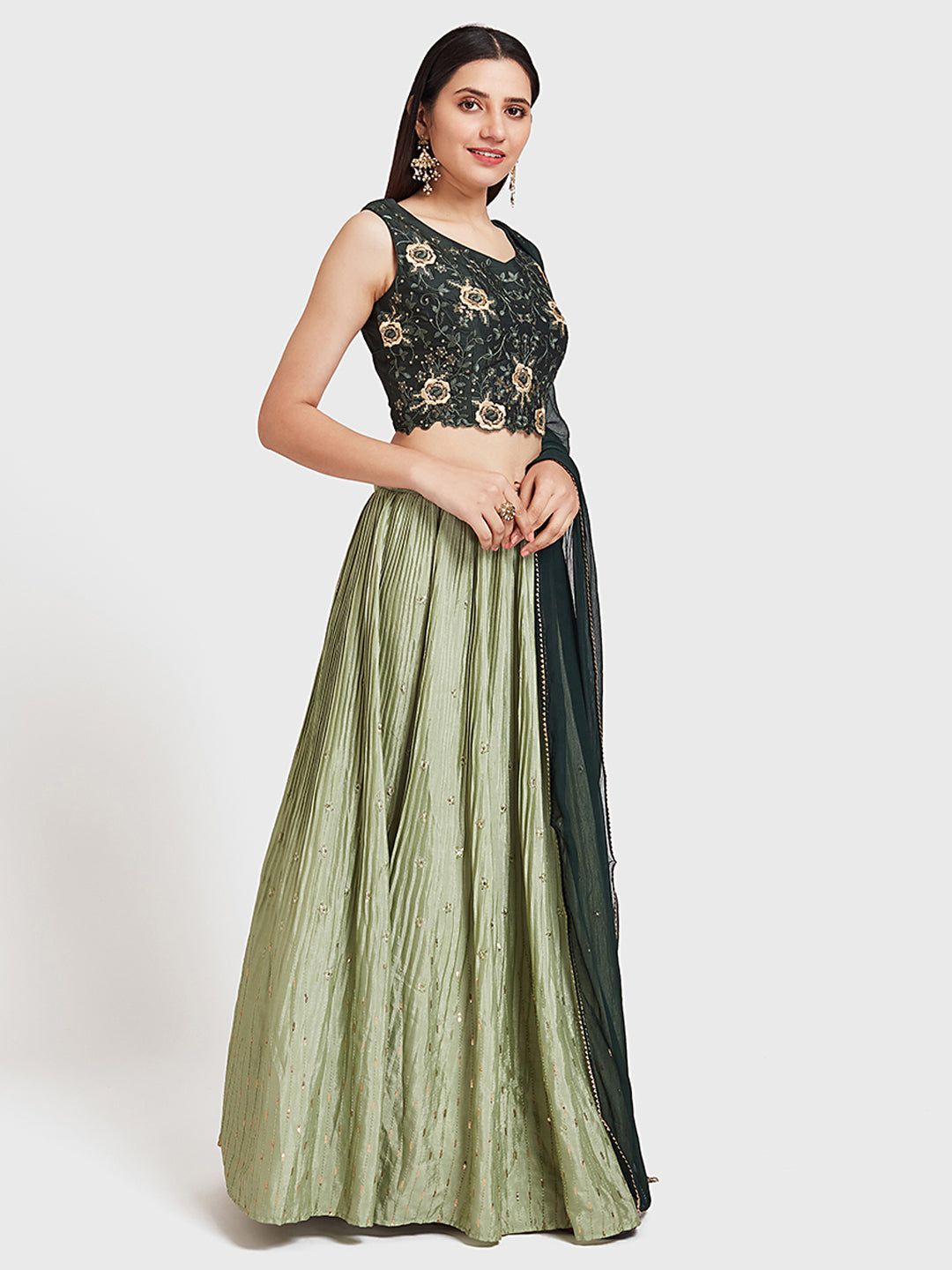 Neerus Green silk embroidered lehenga set - back view