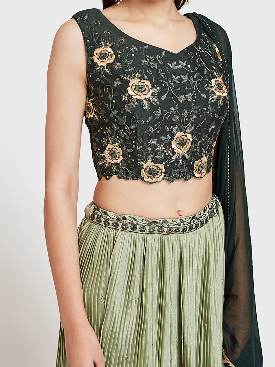 Neerus Green silk embroidered lehenga set - detail view 1