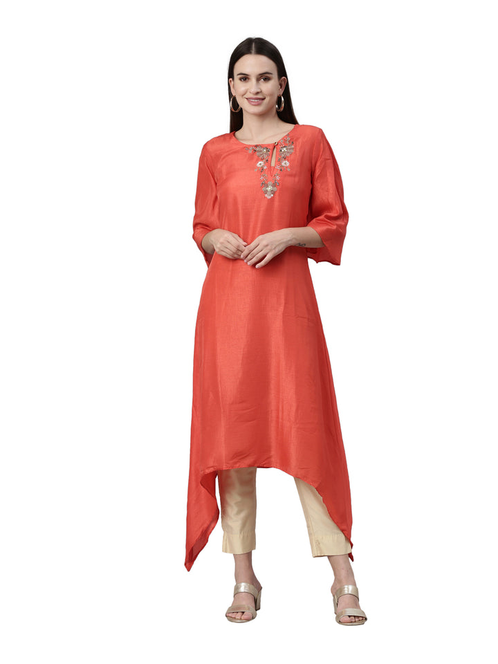 Neerus Red silk solid kurta - front view