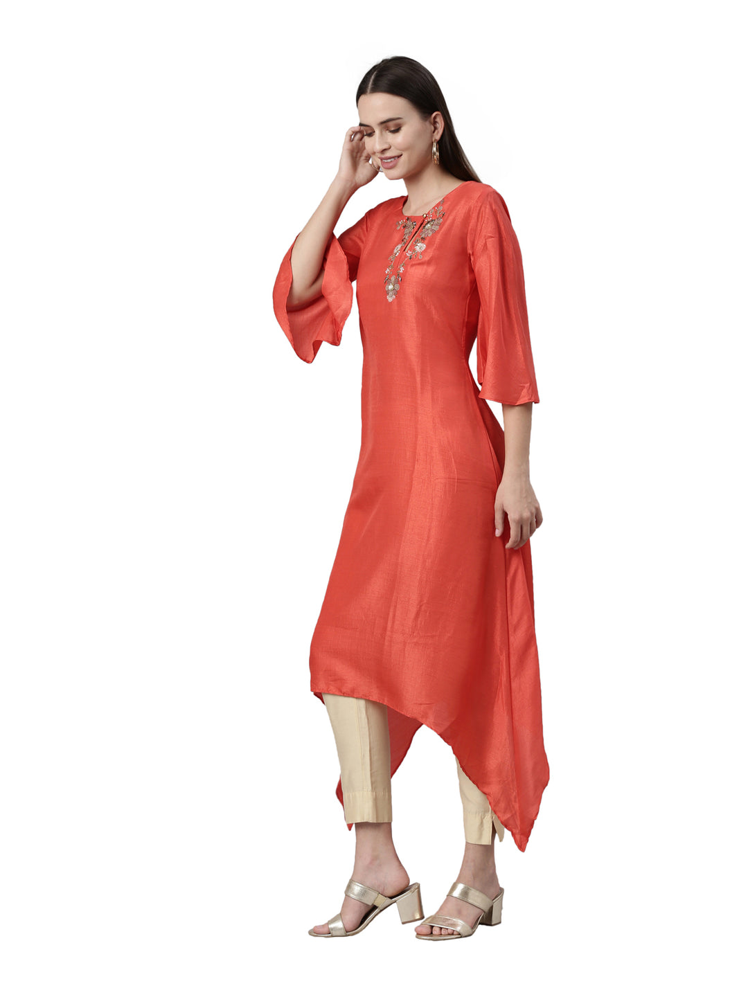 Neerus Red silk solid kurta - side view