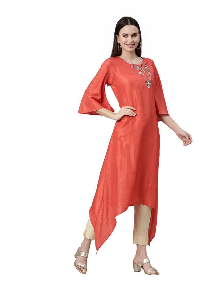 Neerus Red silk solid kurta - detail view 1