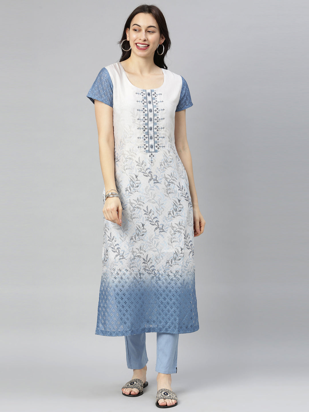 Neerus Blue Printed Straight Kurta