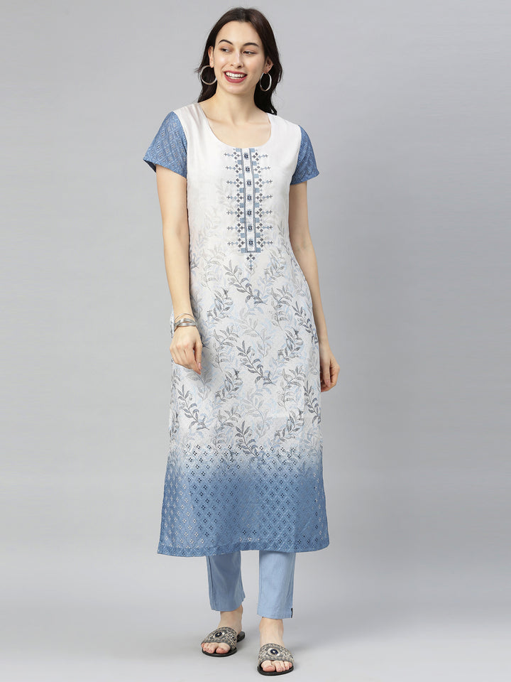 Neerus Blue Printed Straight Kurta