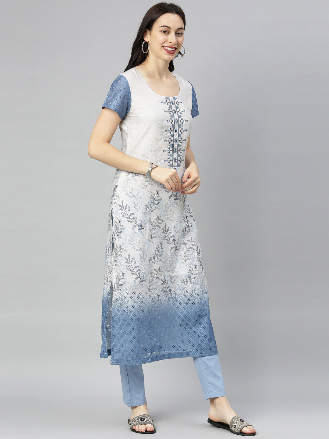 Neerus Blue Printed Straight Kurta