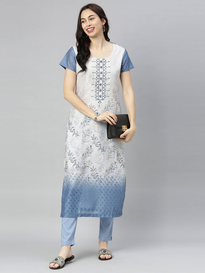 Neerus Blue Printed Straight Kurta
