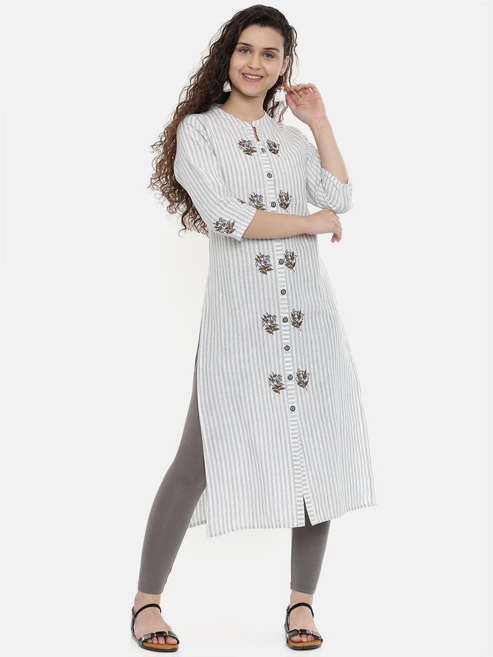 Neerus Grey striped embroidered A-Line kurta - front view