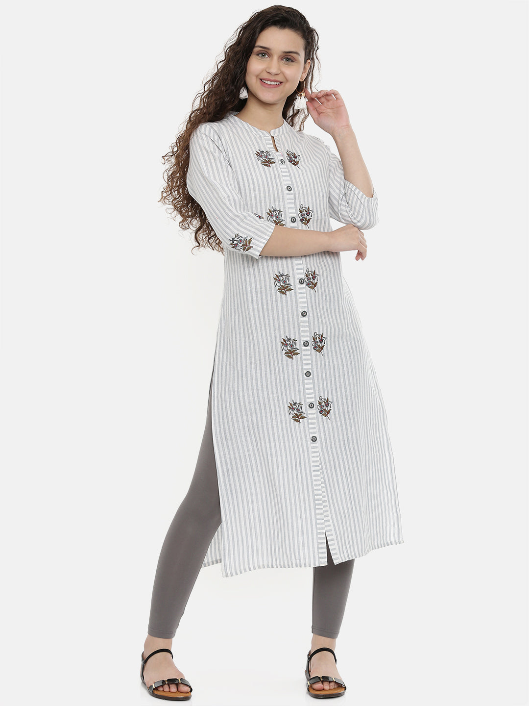 Neerus Women Grey  White Striped A-Line Kurta With Embroidery Detail