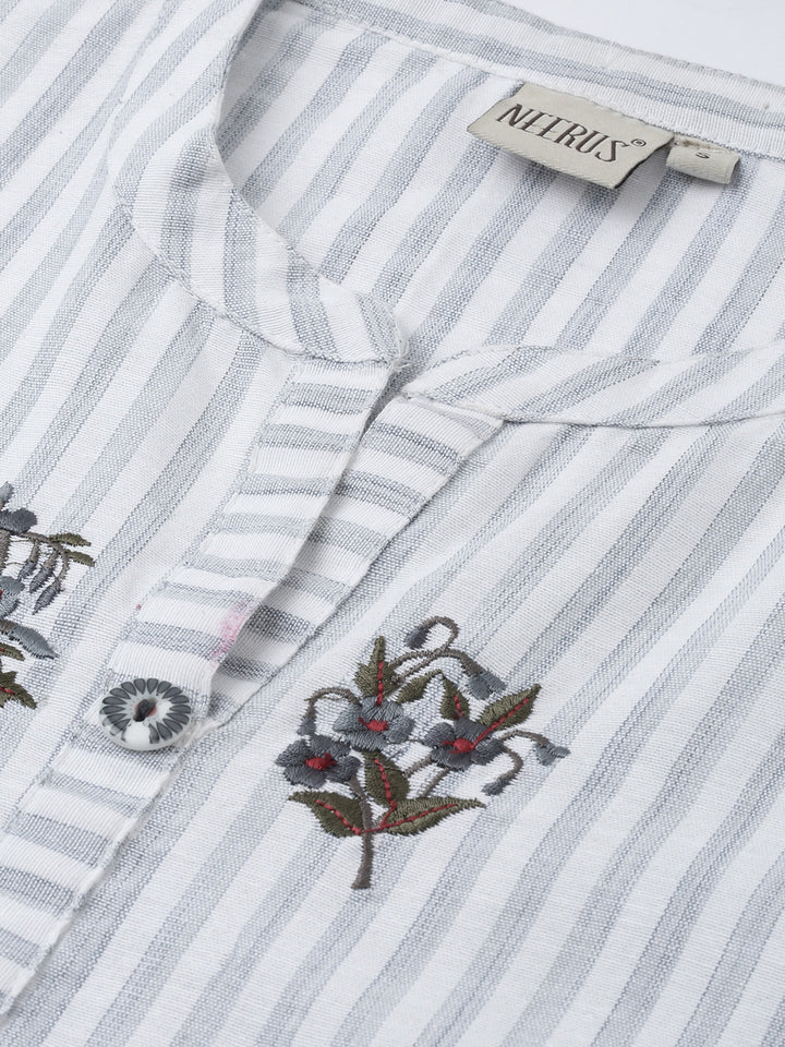 Neerus Grey striped embroidered A-Line kurta - back view