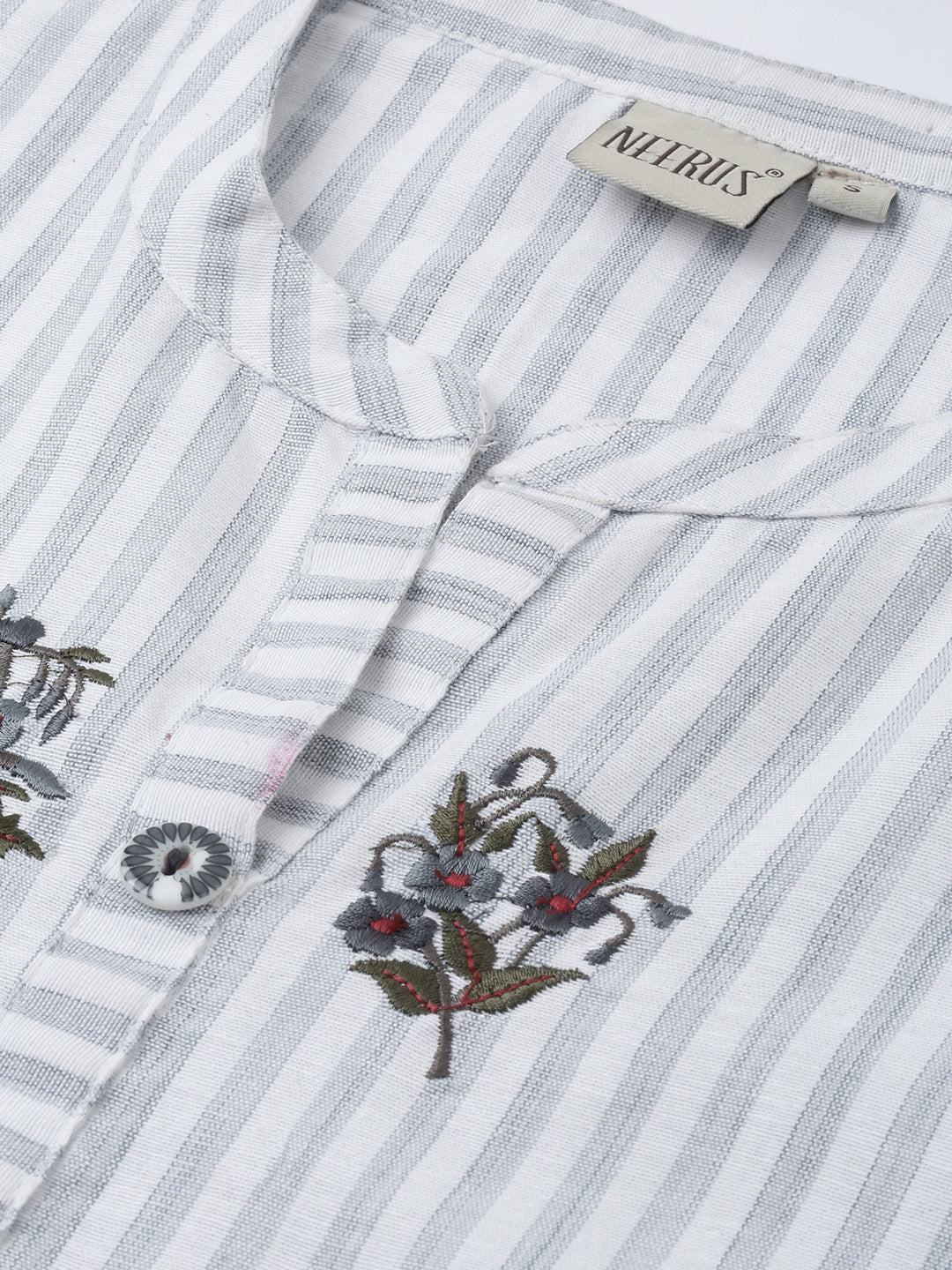 Neerus Women Grey  White Striped A-Line Kurta With Embroidery Detail