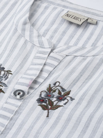 Neerus Women Grey  White Striped A-Line Kurta With Embroidery Detail