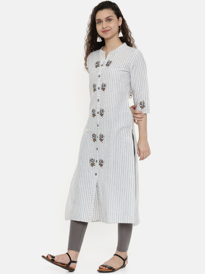Neerus Women Grey  White Striped A-Line Kurta With Embroidery Detail