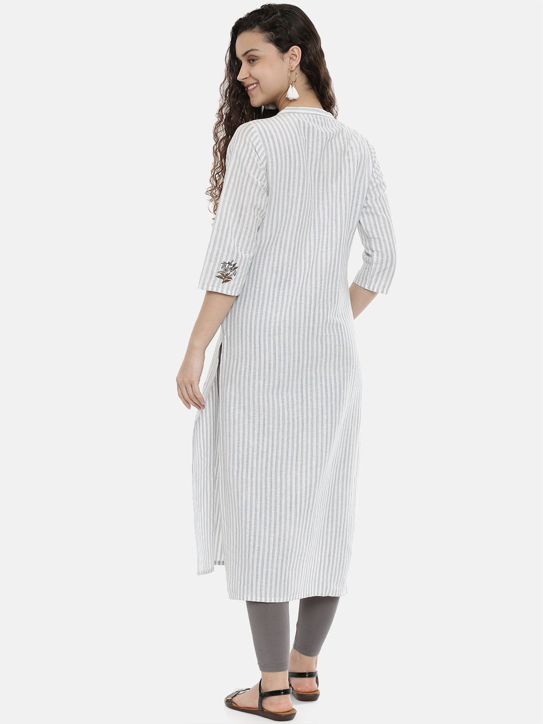 Neerus Women Grey  White Striped A-Line Kurta With Embroidery Detail